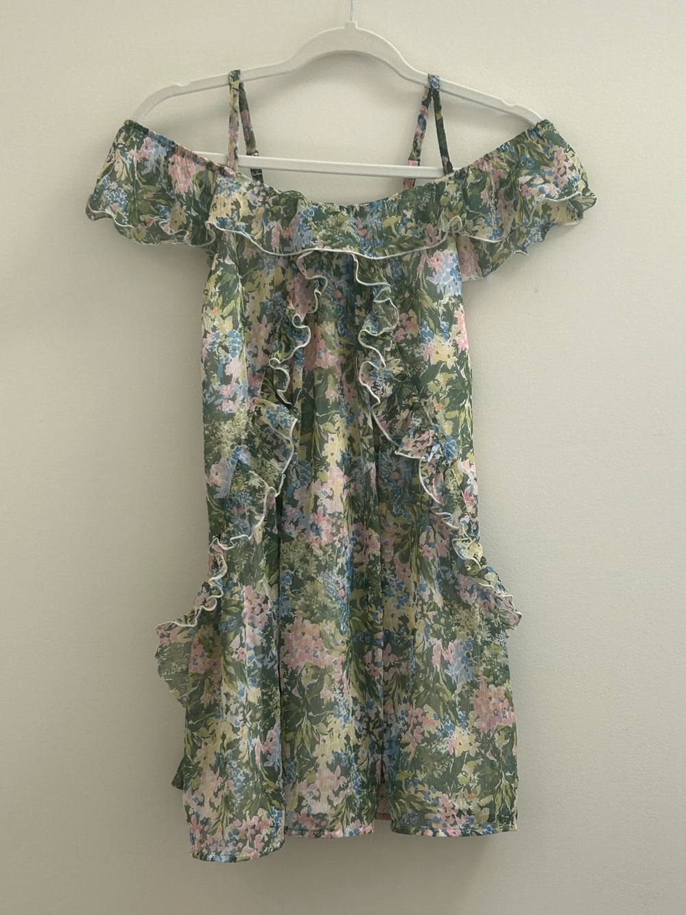 ABERCROMBIE KIDS Girls Green Floral Ruffle Off-Shoulder Dress 11/12